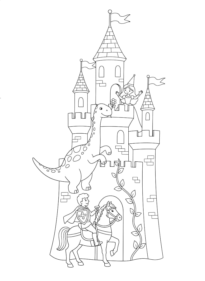 Um castelo com uma princesa, um dinossauro e um príncipe para salvá-la.