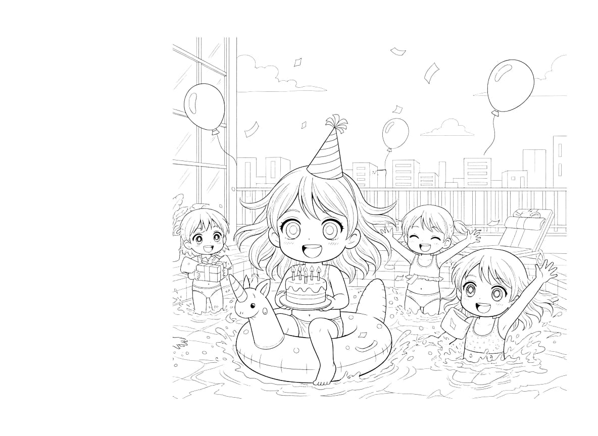 Uma criança comemorando seu aniversário de 4 anos com amigos na piscina do prédio.