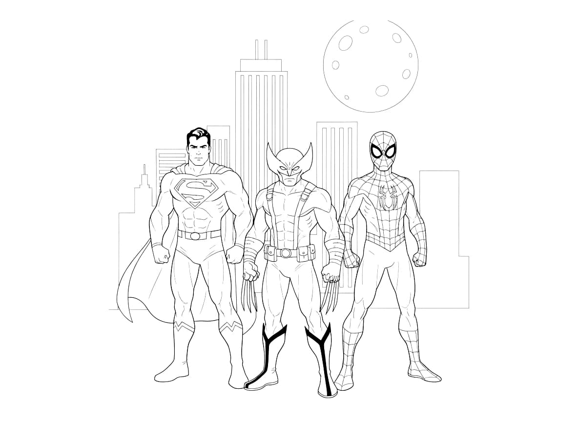 A superpowered individual, a hero with claws, and a web-slinger pose together.