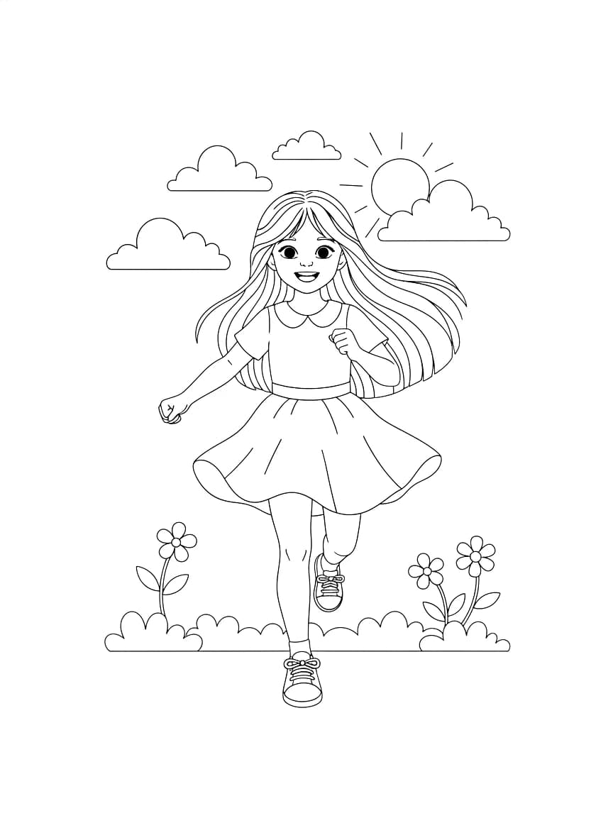 A girl with long straight hair running.