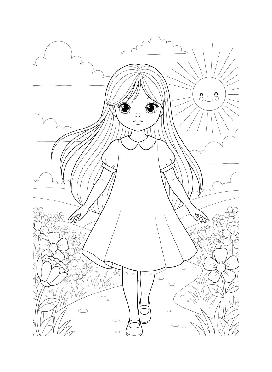 A girl with long straight hair walking.