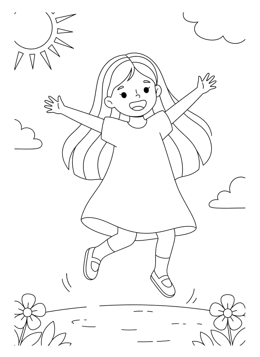 A girl with long straight hair jumps.