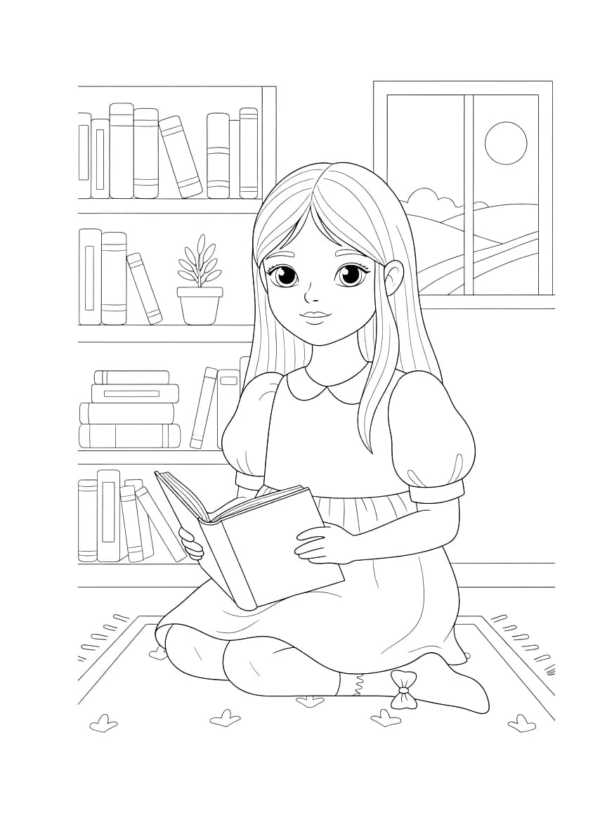 A girl with long straight hair sitting.