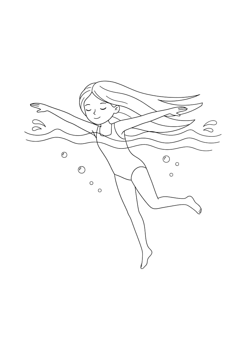 A girl with long straight hair is swimming.
