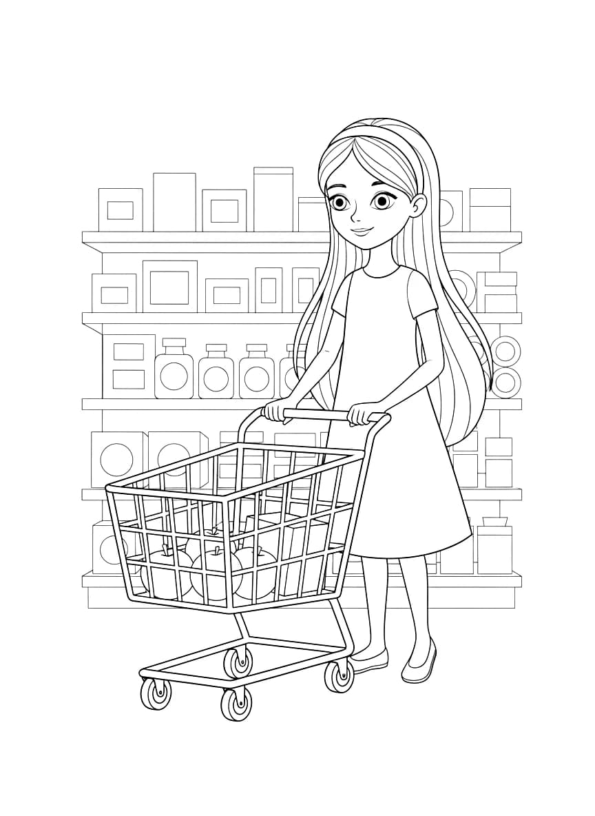 A girl with long straight hair is shopping with a trolley.