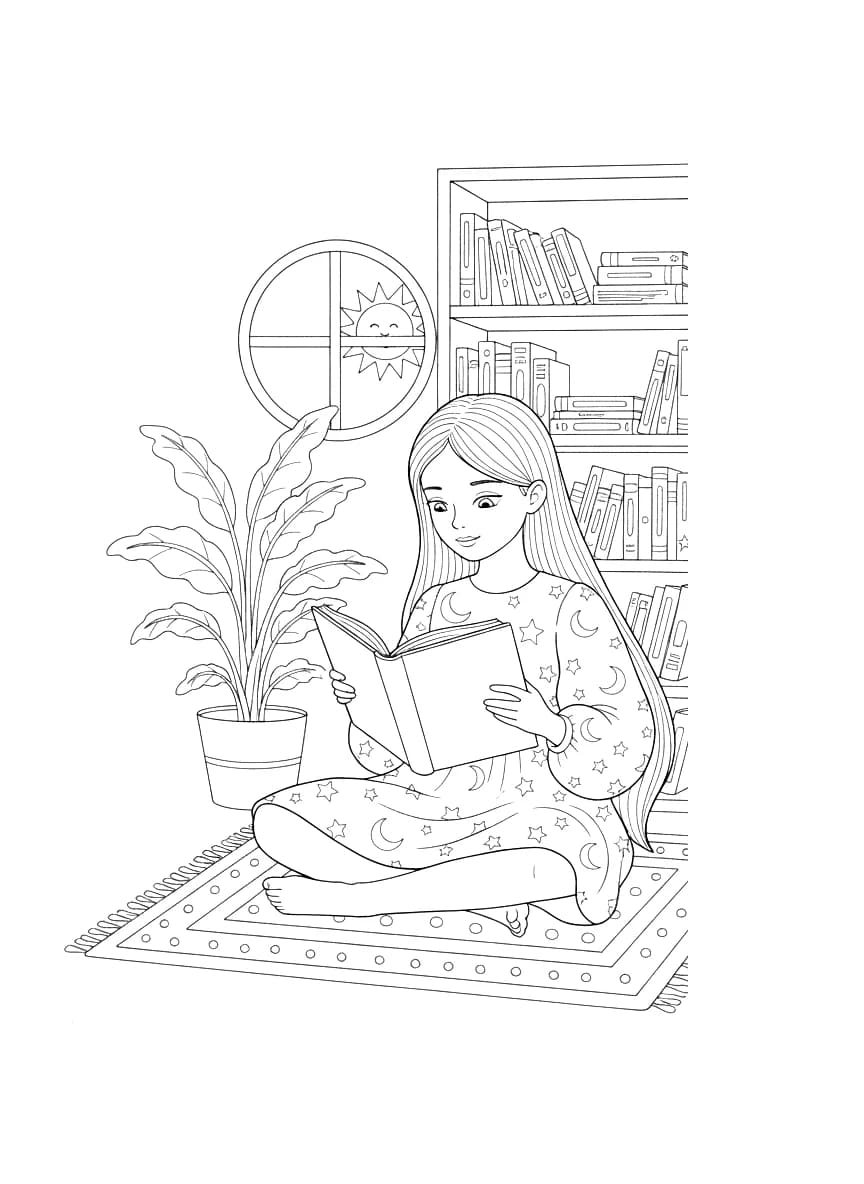 A girl with long, straight hair is sitting and reading a book.