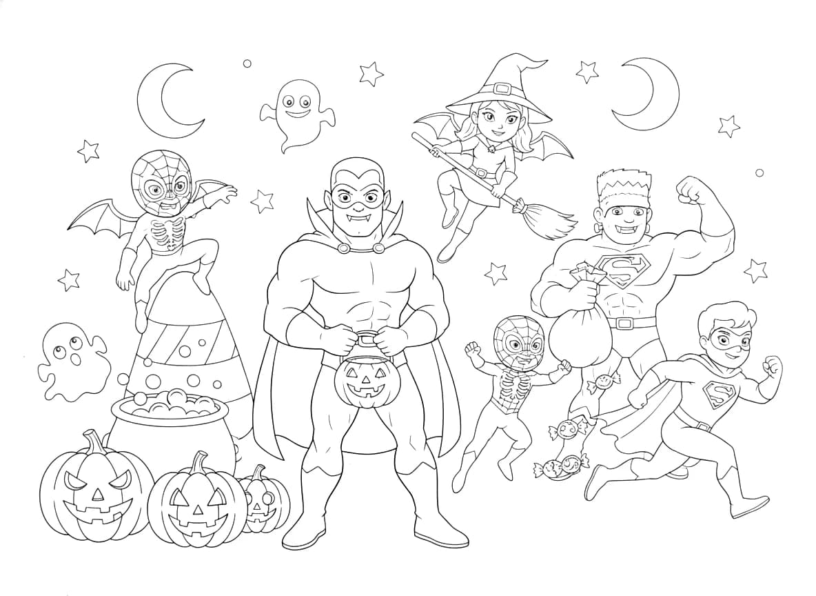 A group of superheroes dressed in Halloween costumes.