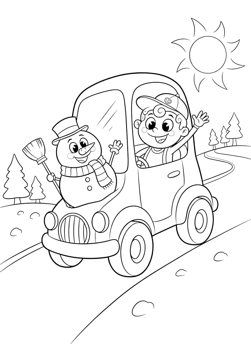 Une voiture avec un bonhomme de neige sur le côté de la route.