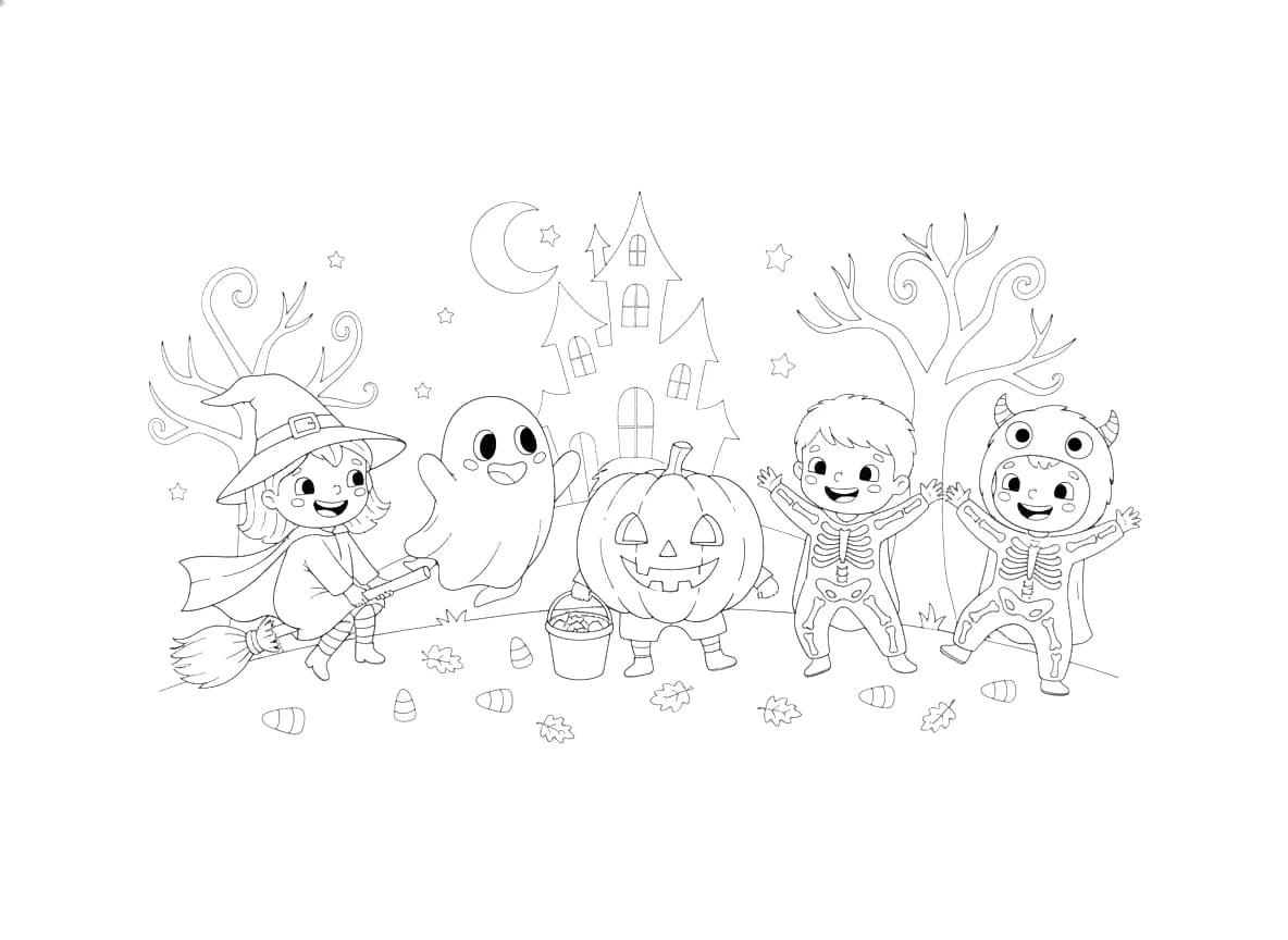 Una divertente scena di Halloween con bambini in costume.