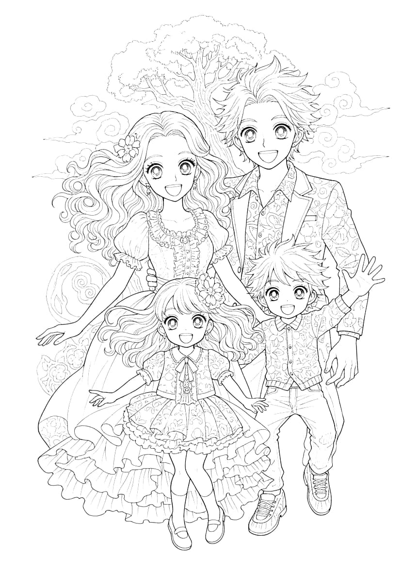 Une famille manga heureuse et souriante.