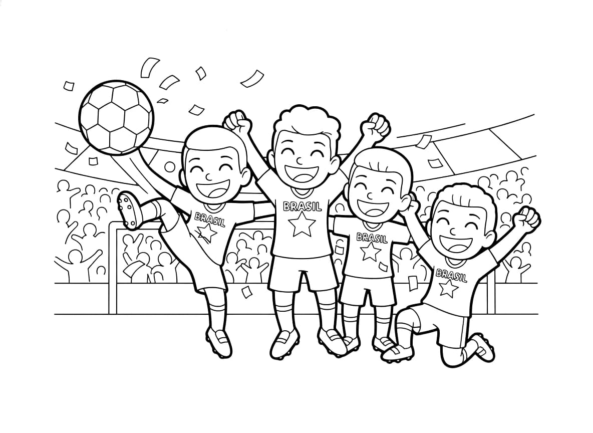 Uma seleção de futebol brasileira celebra uma vitória.