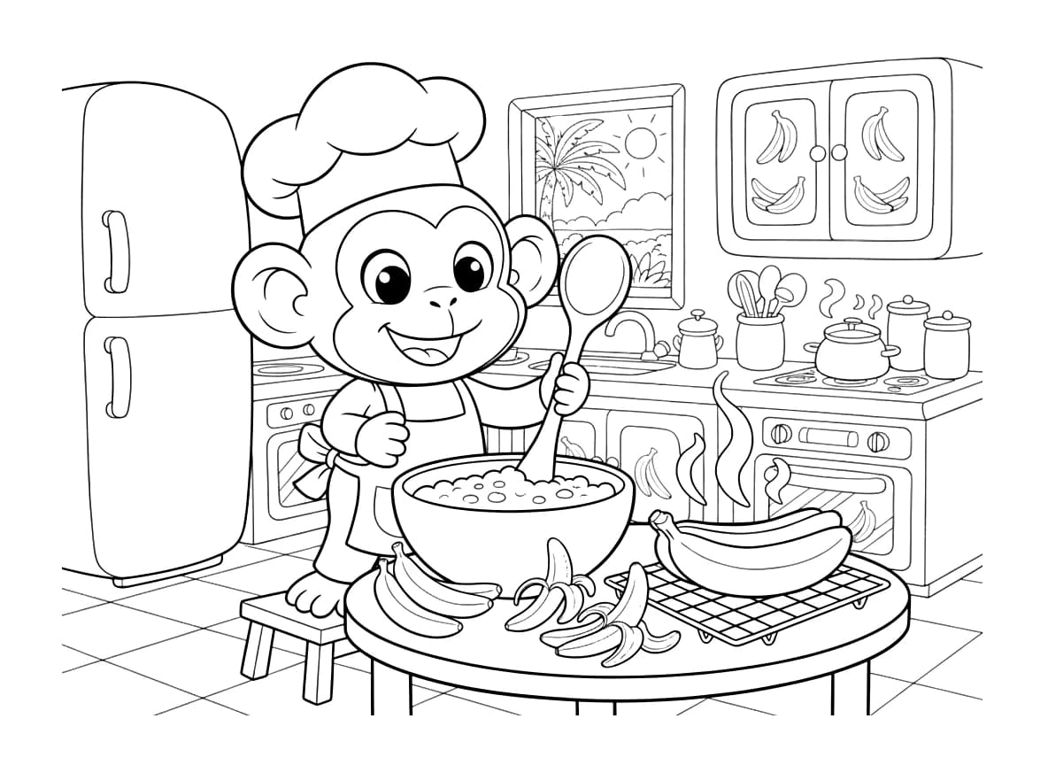 A playful monkey bakes banana bread in a kitchen.