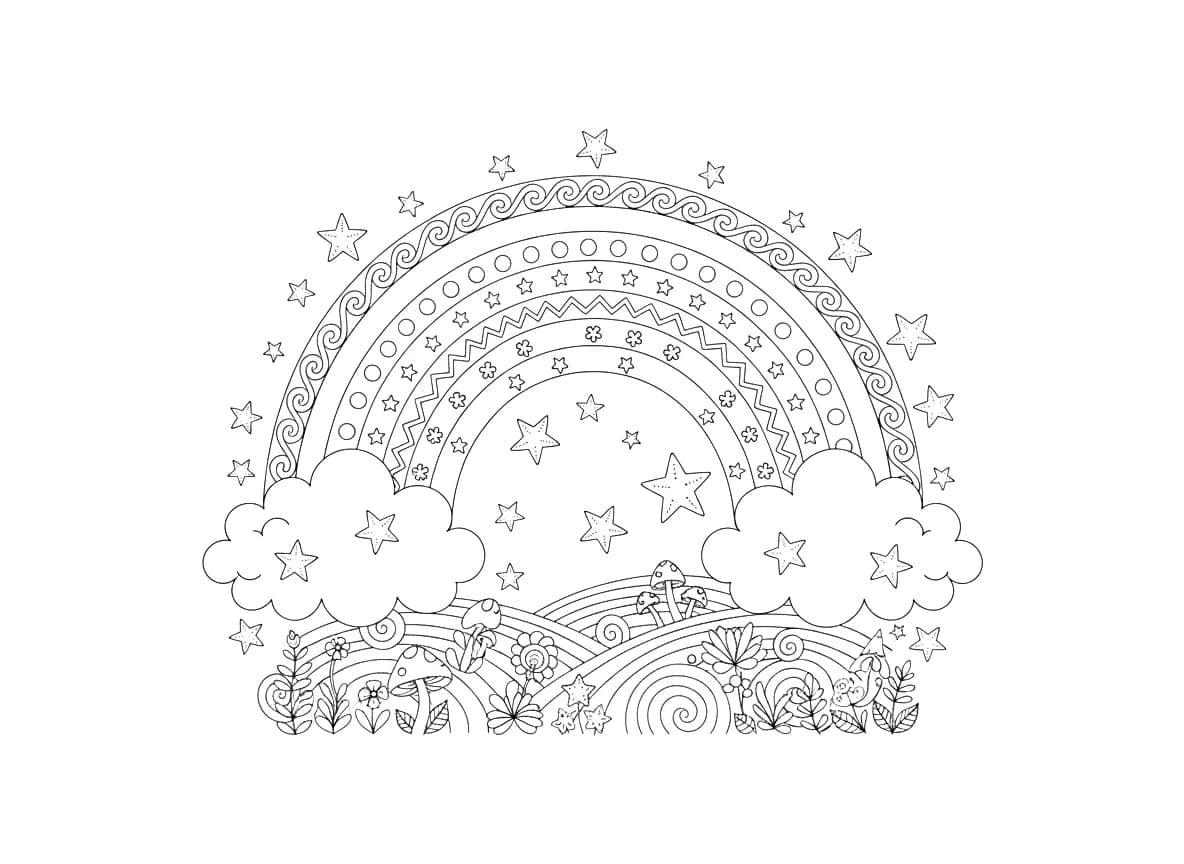 A rainbow with clouds and stars.