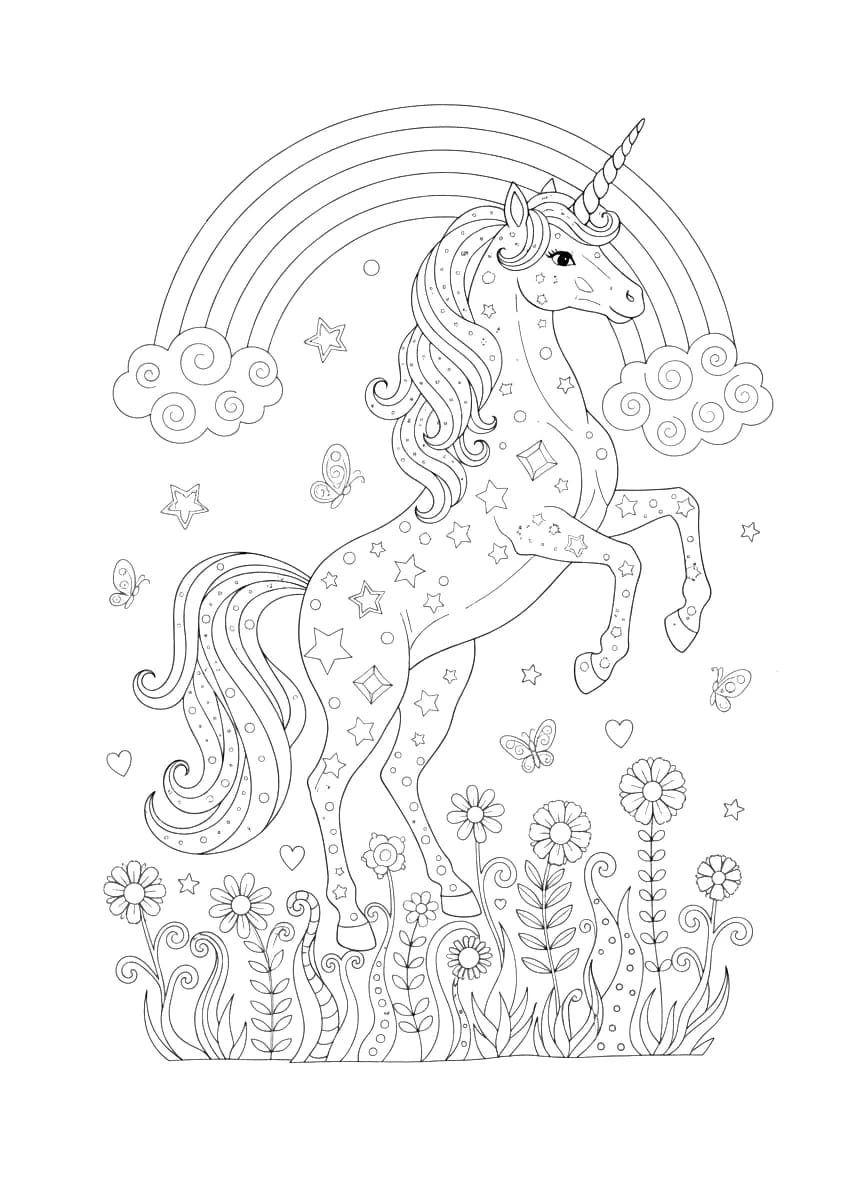 A sparkly unicorn with a rainbow mane.