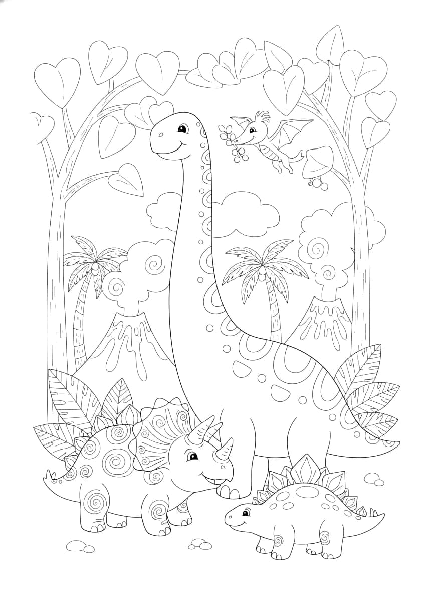 A group of playful dinosaurs in a prehistoric landscape.