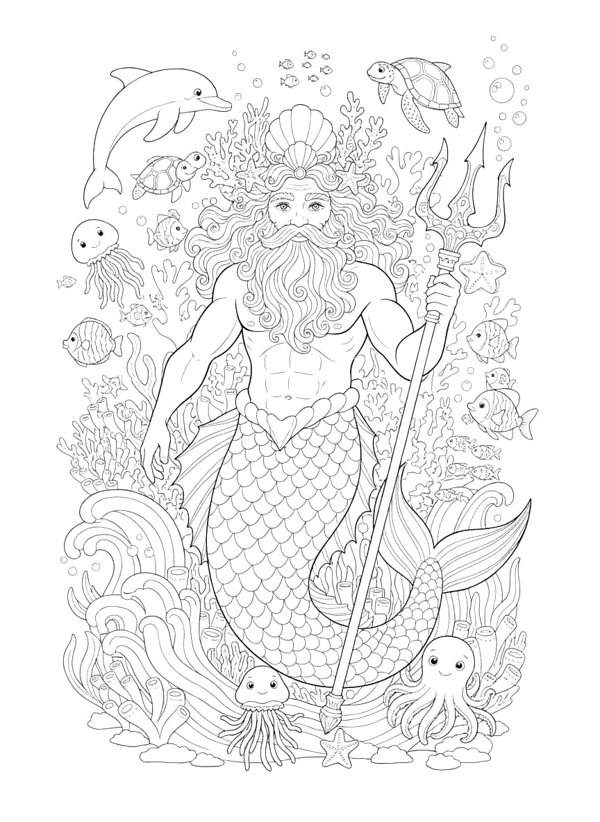 An underwater sea god surrounded by sea creatures.