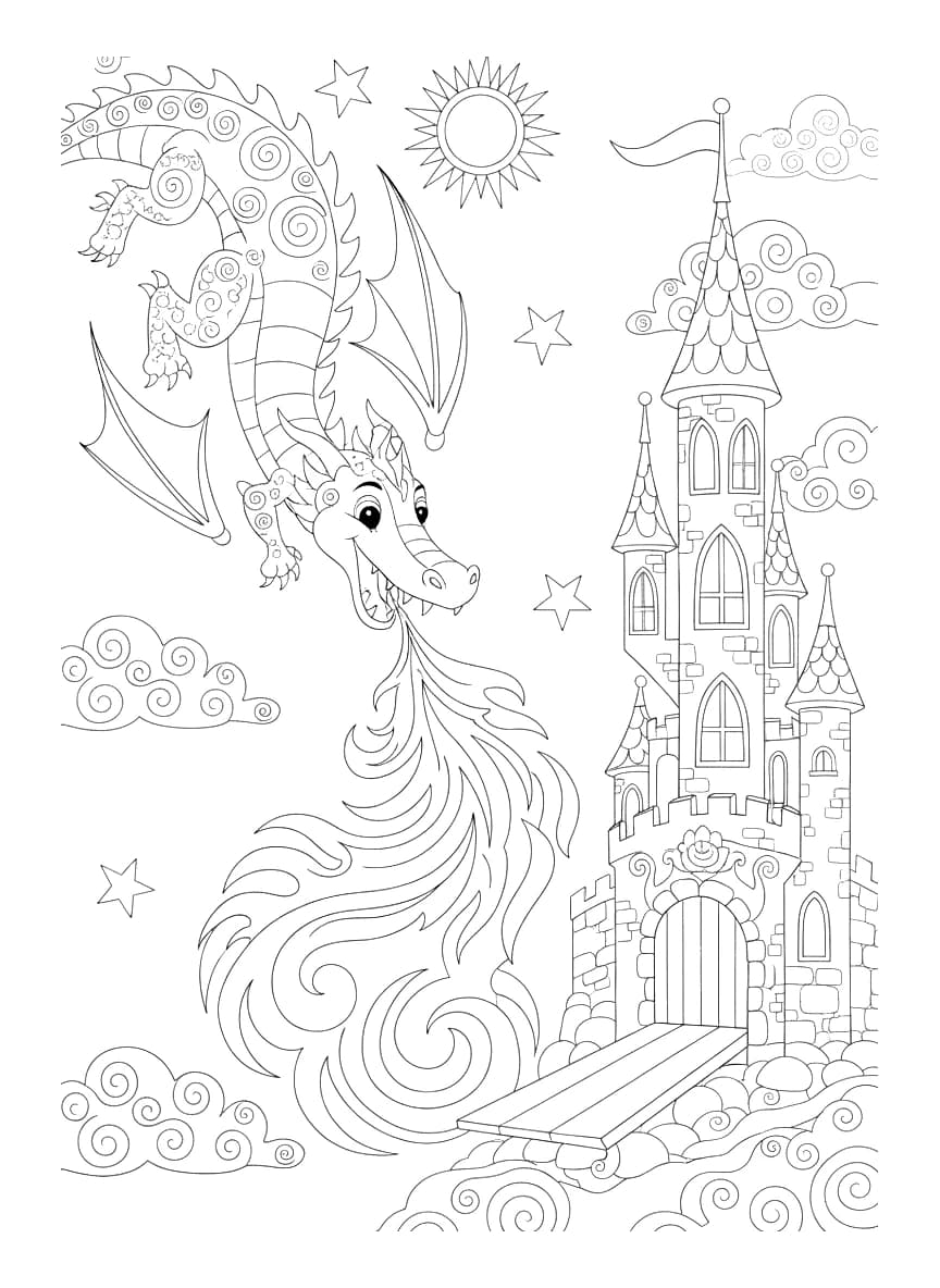 A dragon breathing fire onto a castle.