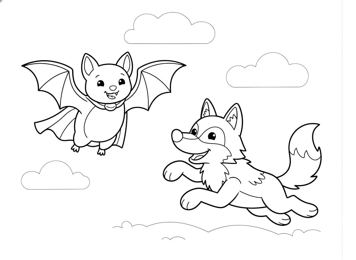 Um morcego voando e um lobo correndo.