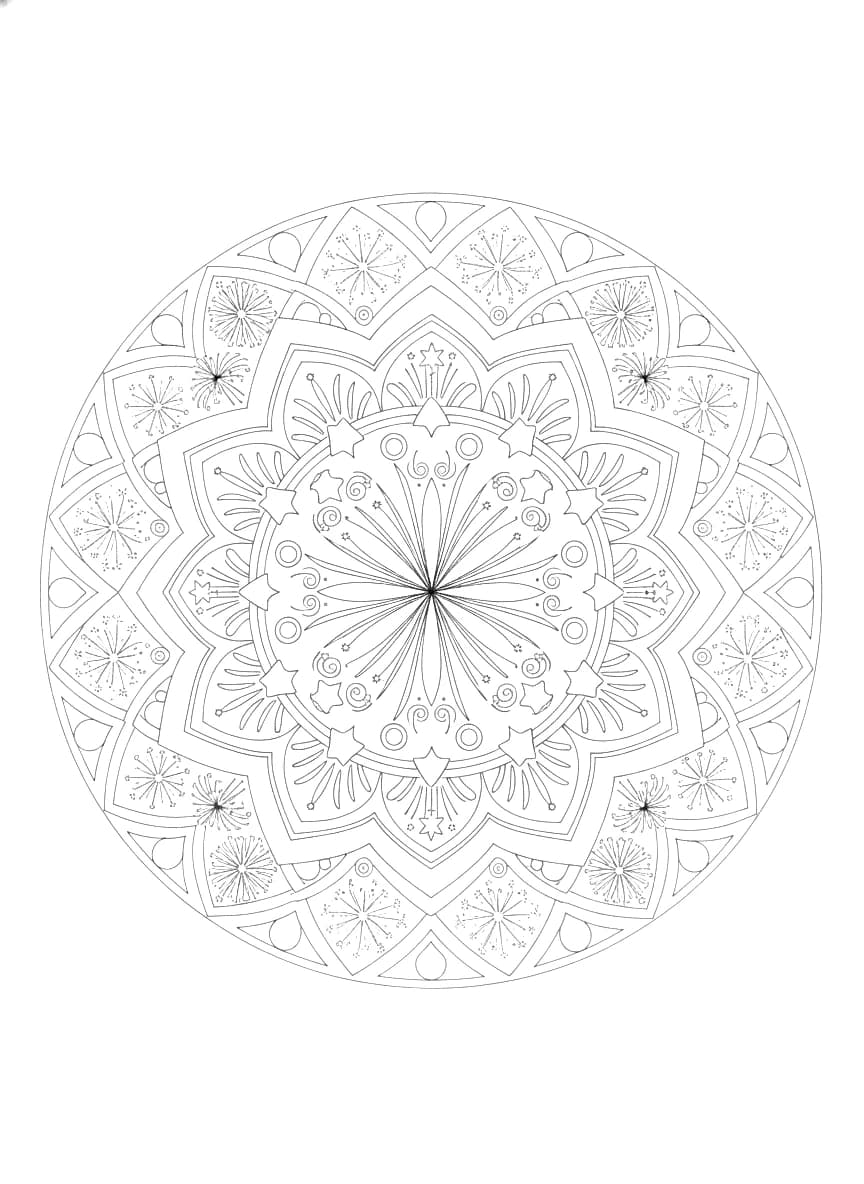 Voici un mandala circulaire avec des motifs de feux d'artifice.