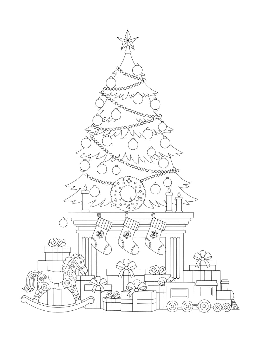 A festive Christmas scene with a Christmas tree, presents, and stockings.