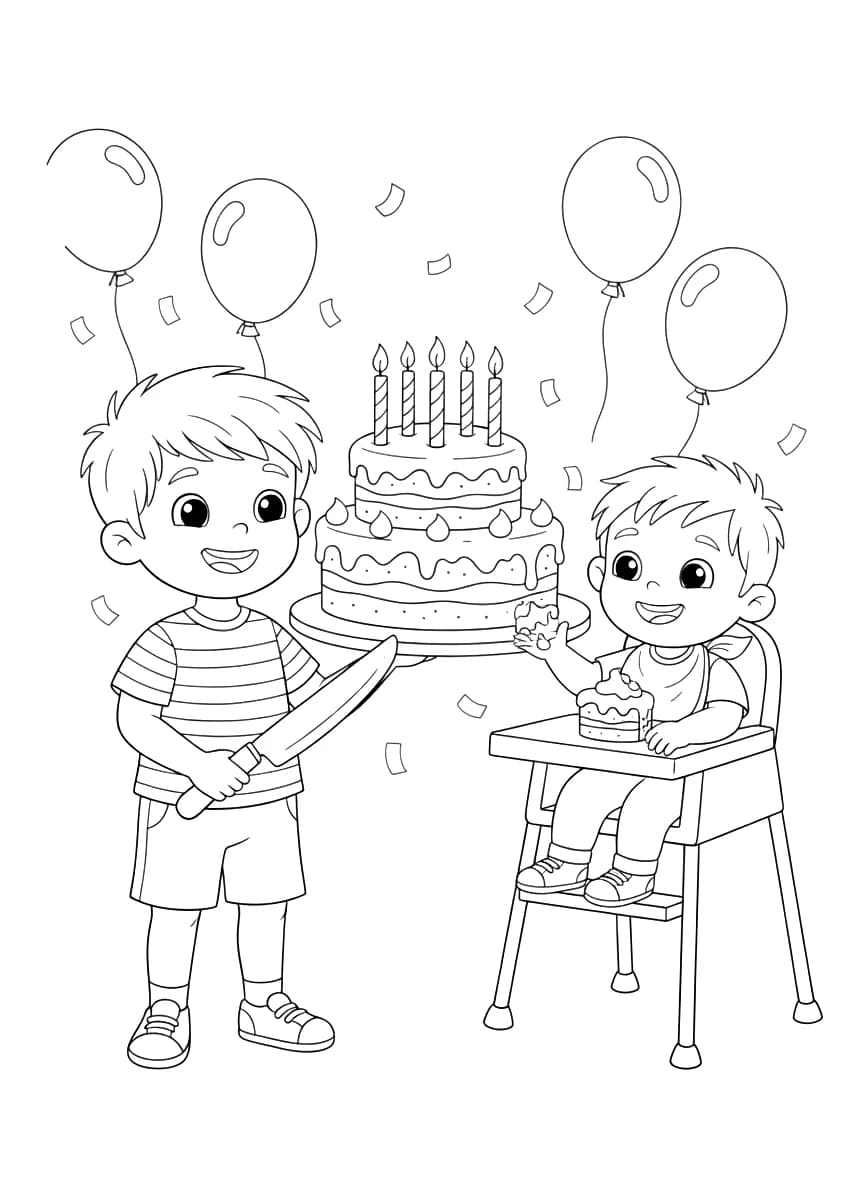 A cake with two boys, one aged five and the other one year old.