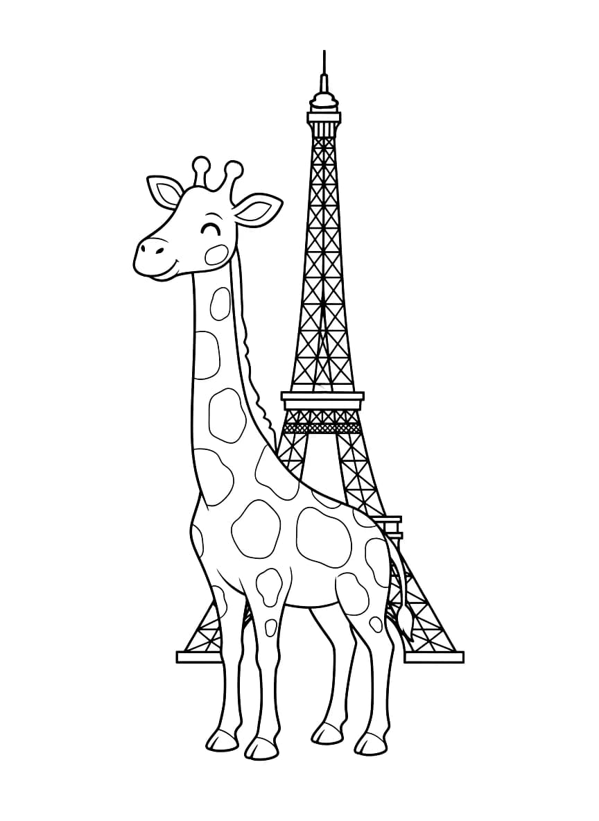 A giraffe standing in front of the Eiffel Tower.