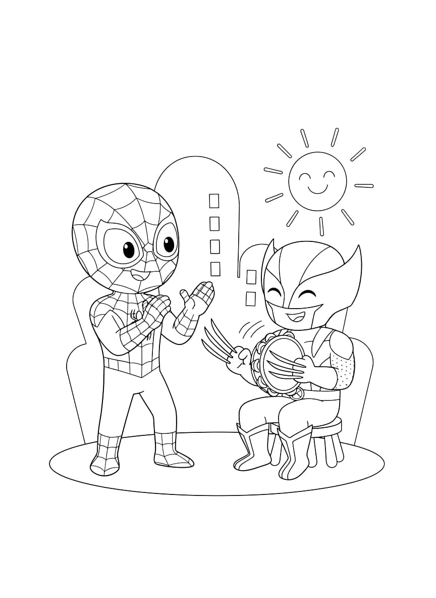 A superhero and a clawed hero playing a tambourine.