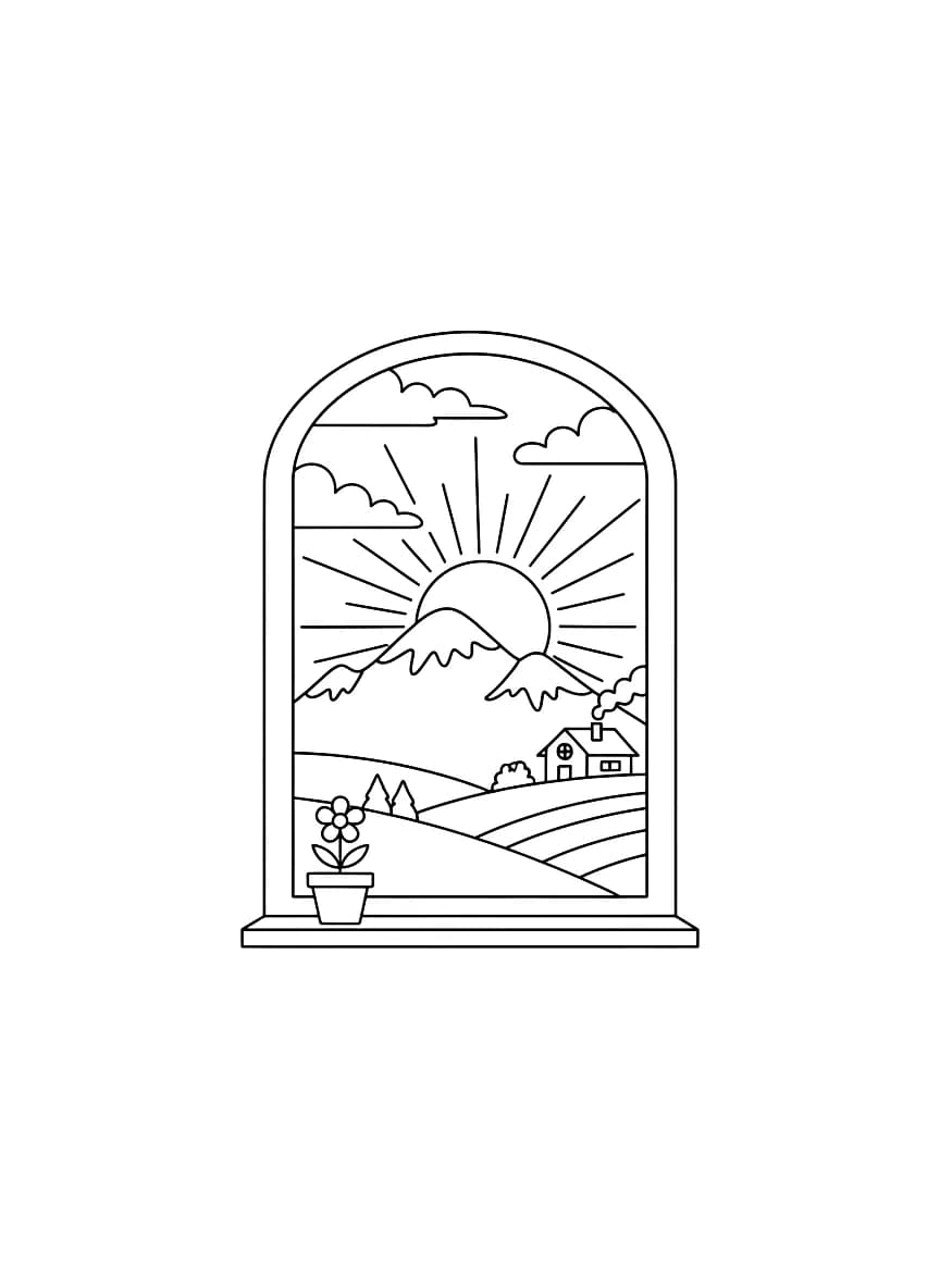 A sunset behind a mountain seen from a window in a country house.