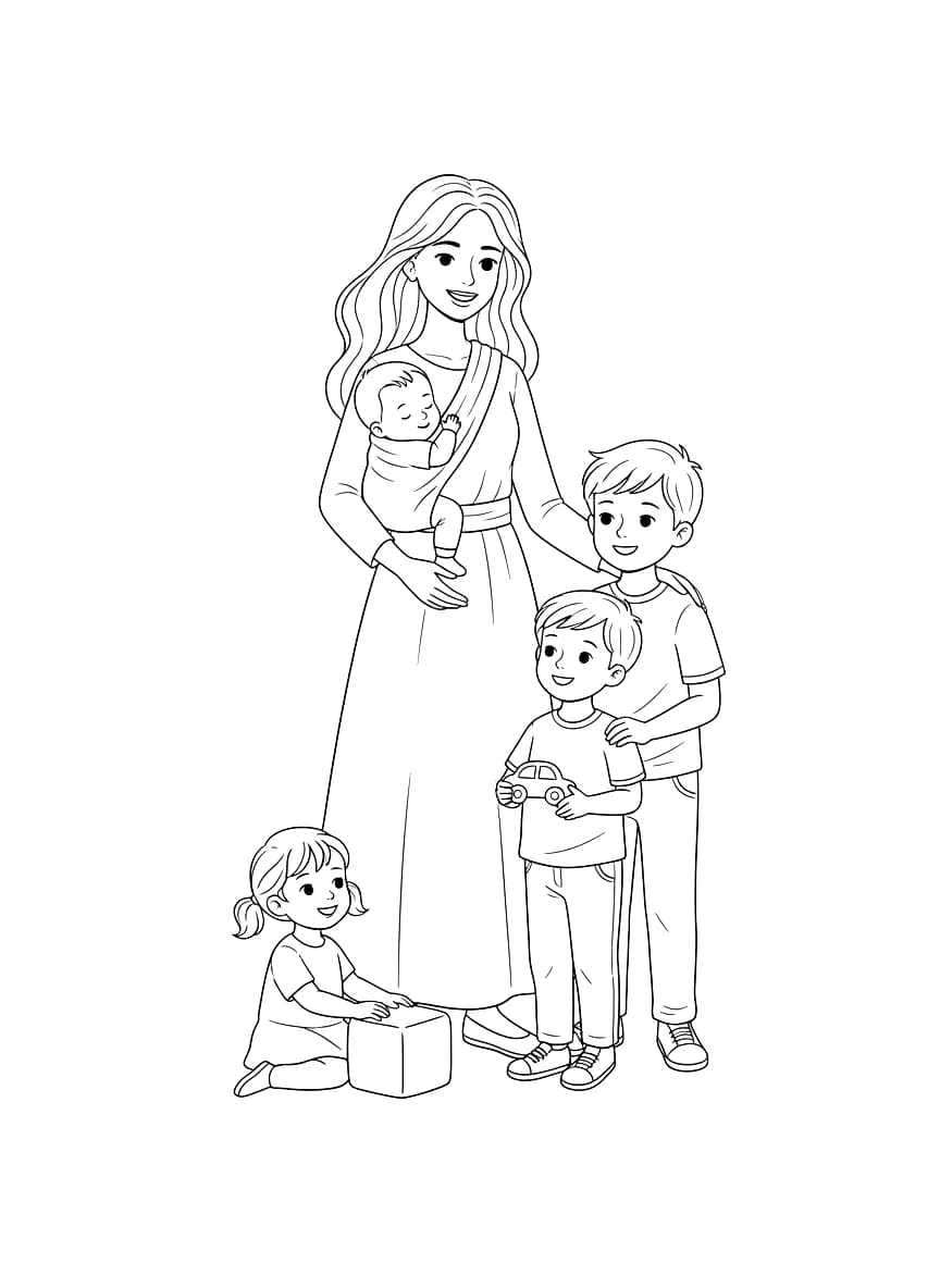 A woman with three young boys and a baby girl.