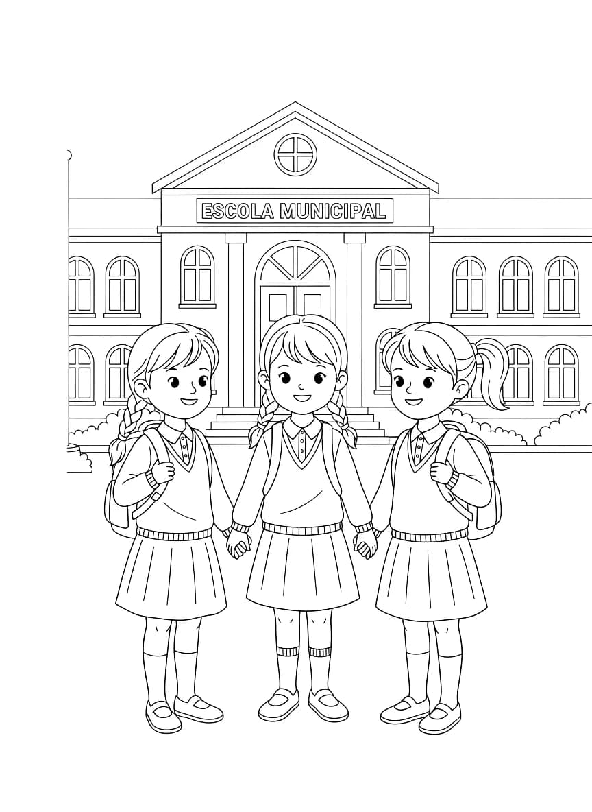 Three friends in school uniforms stand in front of a school.