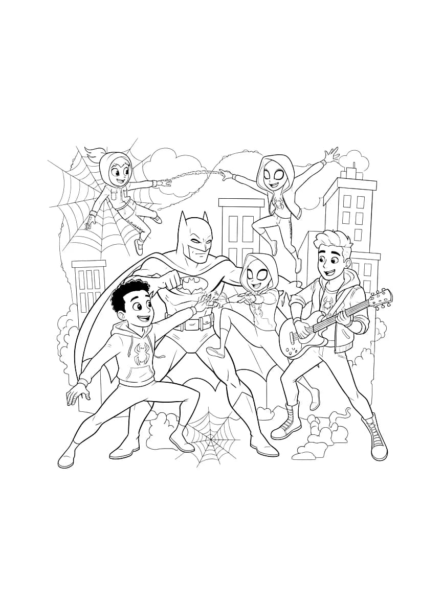 A bat-themed superhero fighting alongside spider-themed superheroes.