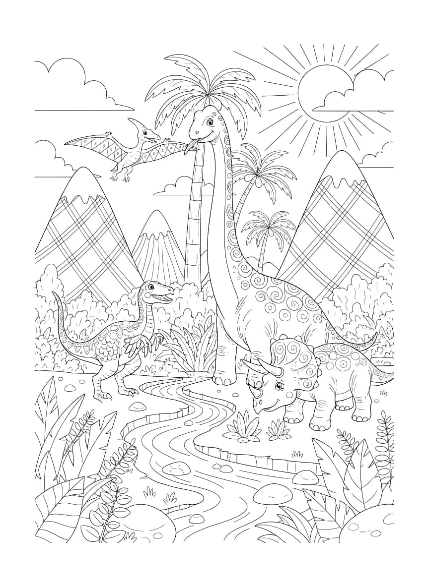 Four dinosaurs in a valley