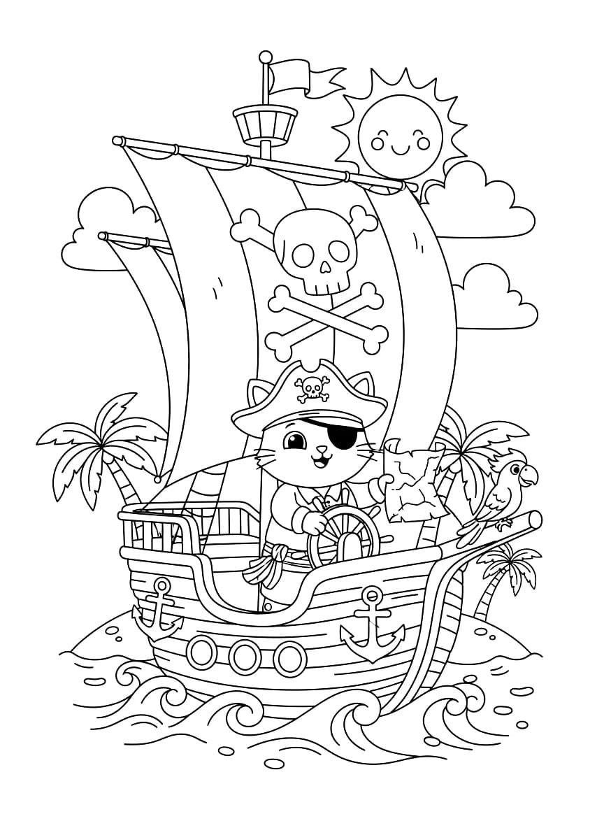 A pirate cat sailing a ship.