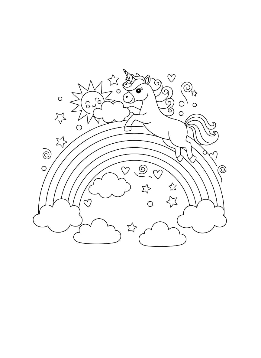 A unicorn playing on a rainbow.