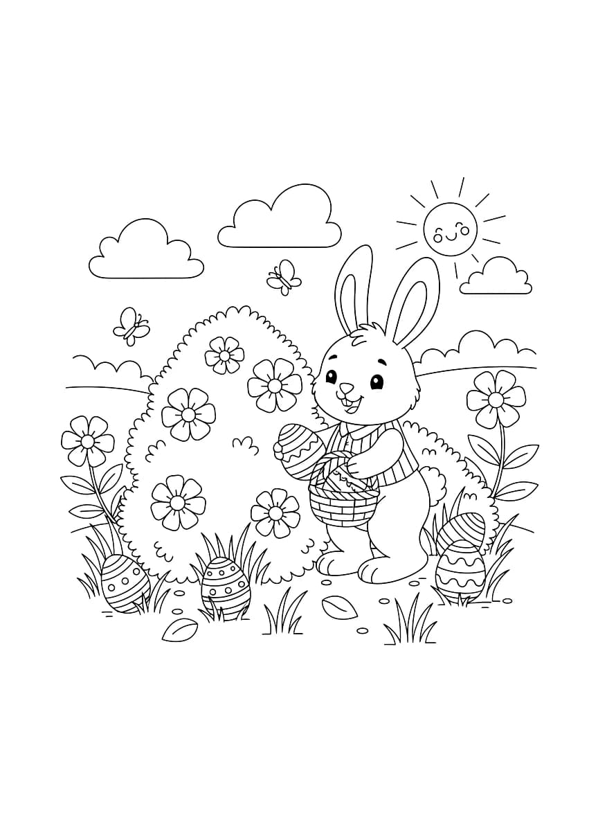 A bunny hiding colorful eggs.