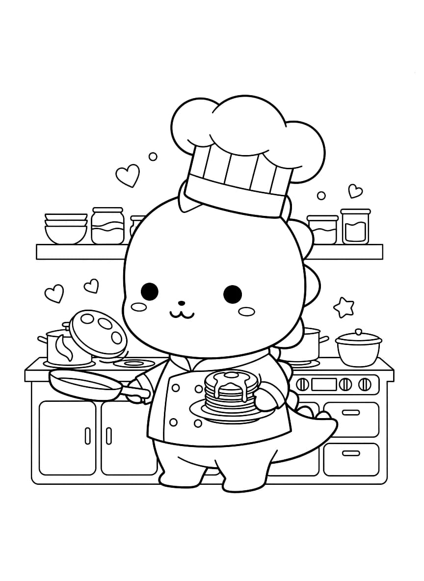 A cute baby dinosaur chef cooking pancakes in a kitchen.