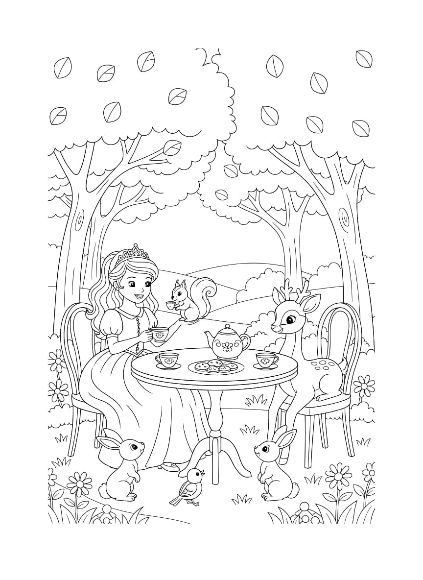 Uma princesa tomando chá com animais amigáveis.
