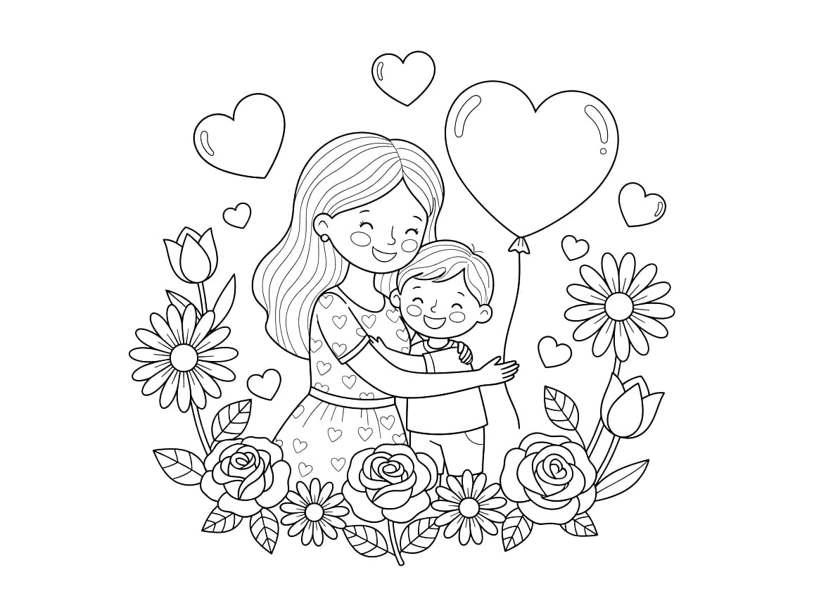 Um abraço carinhoso entre uma mãe e seu filho, cercados por flores e corações.