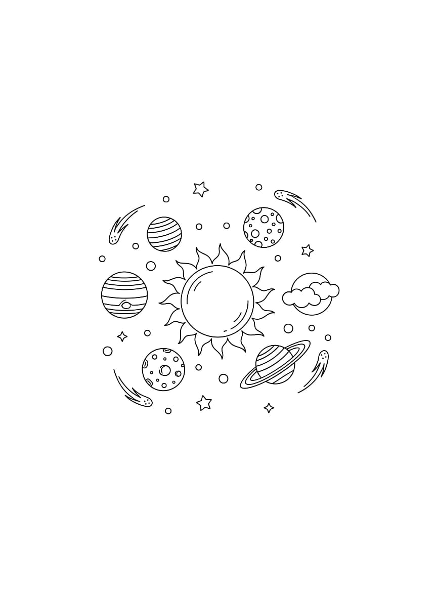 Hier is een kleurboekafbeelding van planeten in de ruimte.