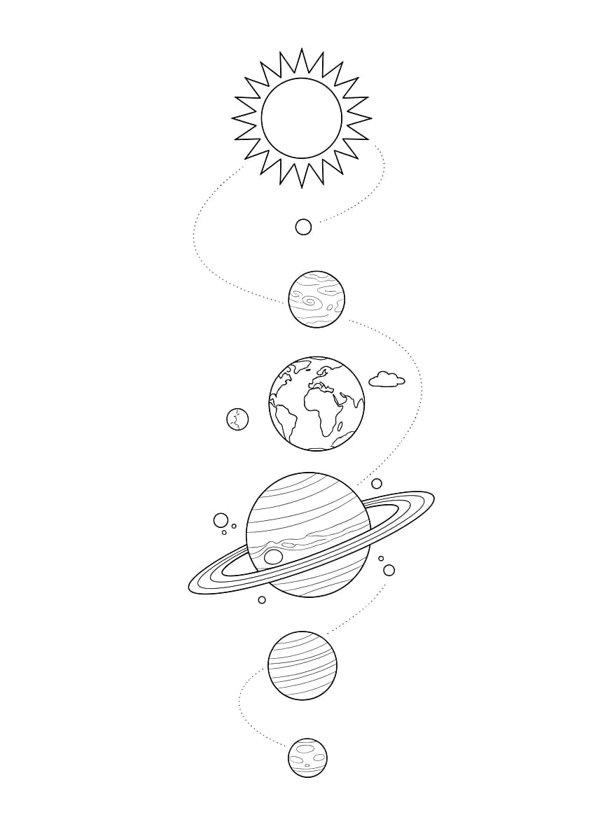 Een kleurplaat van alle planeten in ons zonnestelsel.