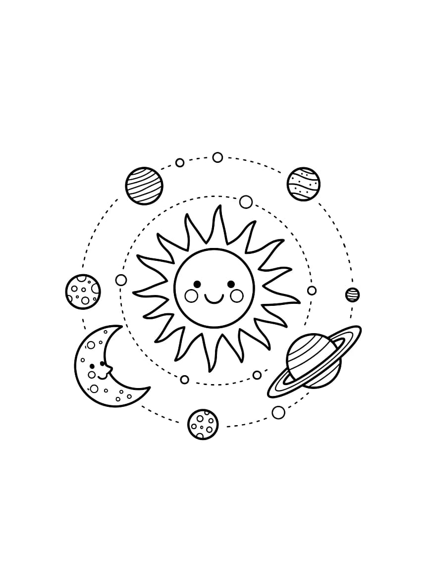 Hier is een kleurplaat van planeten, de maan en de zon.