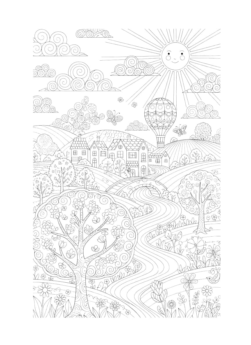 Uma paisagem bonita e detalhada para colorir.