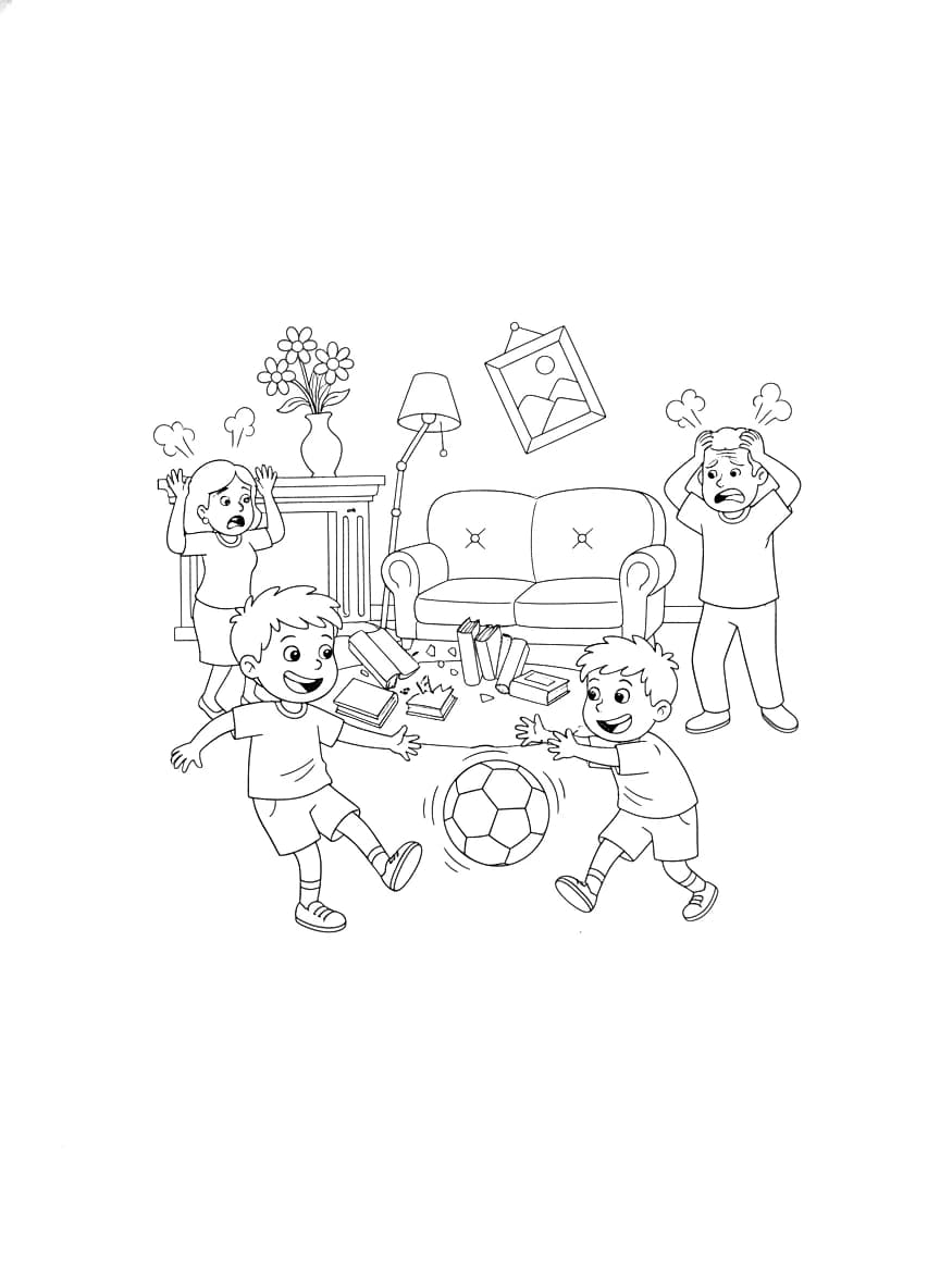 Two siblings playing ball in the living room while their parents look on in exasperation.