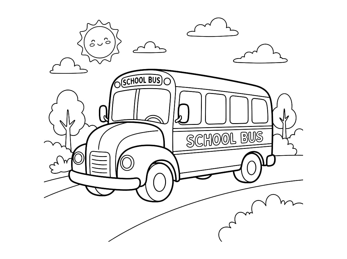 A school bus driving on a road with trees, bushes, and a smiling sun in the background.