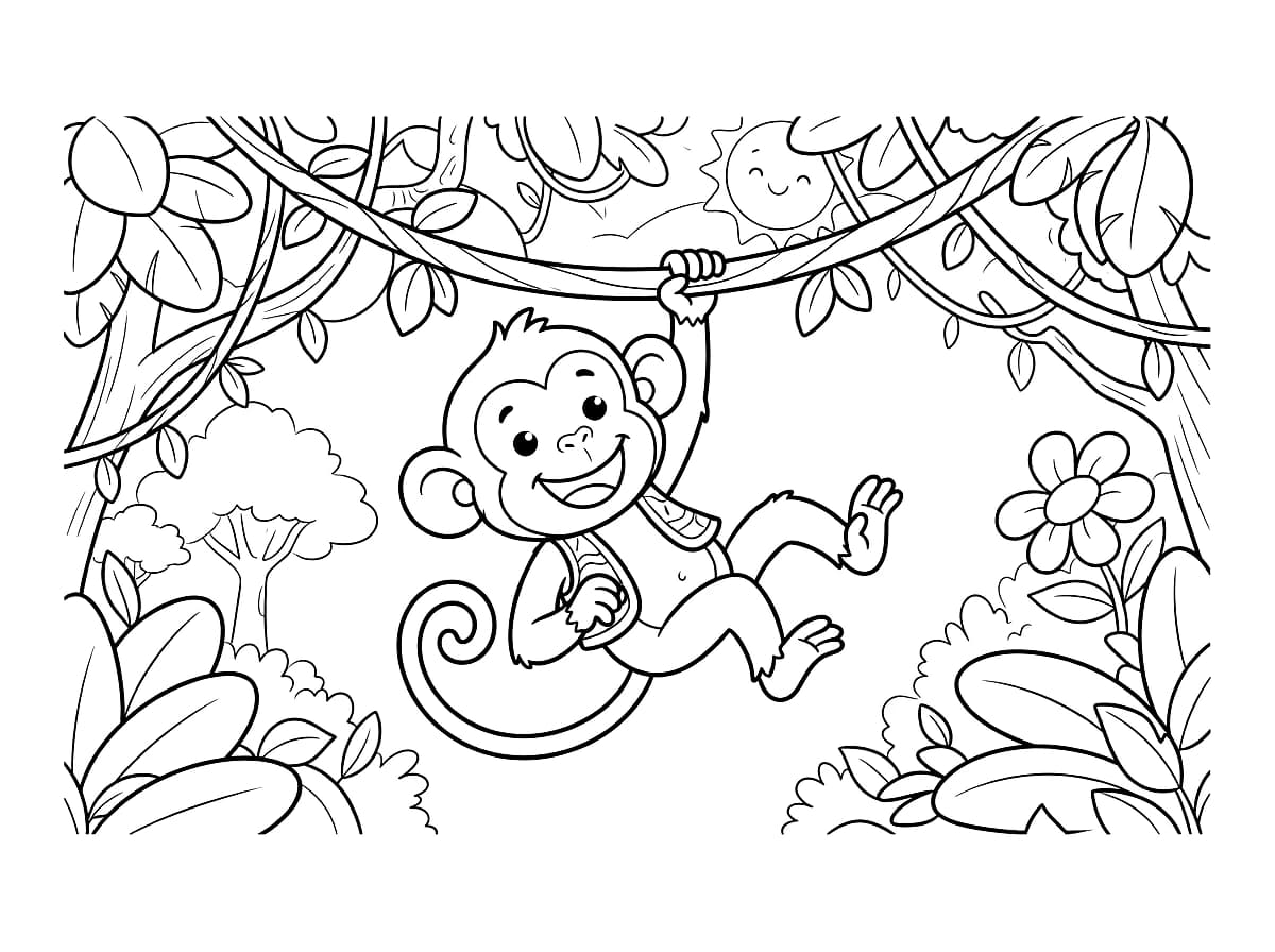 A cheerful monkey swings from a vine in a jungle scene with plants and a smiling sun.