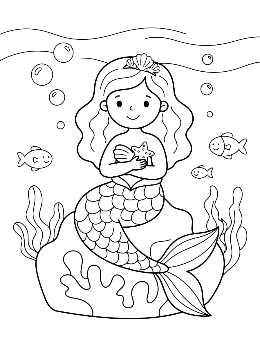 Une sirène assise sur un rocher, tenant une étoile de mer et une coquille, avec des poissons et des algues.