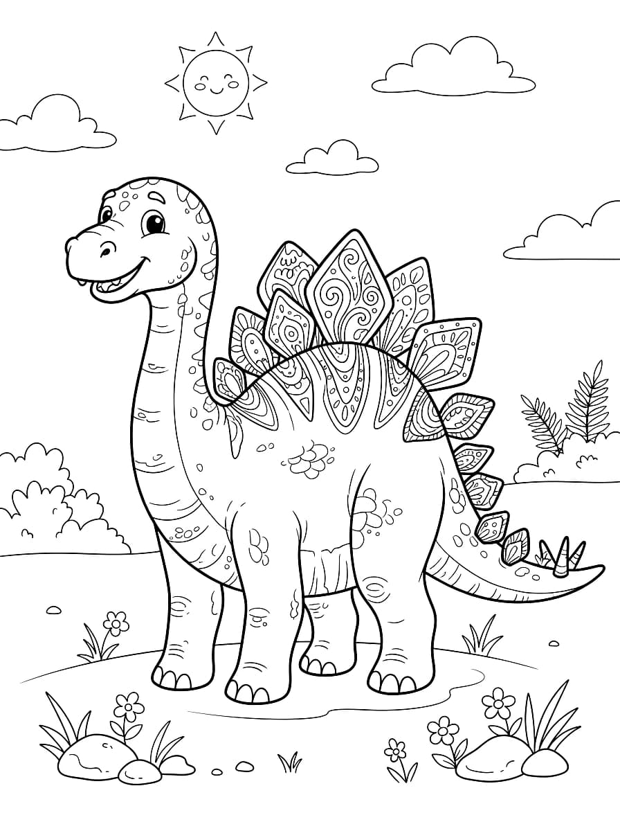 Un dinosaure souriant avec des motifs sur le dos se tient dans un paysage.