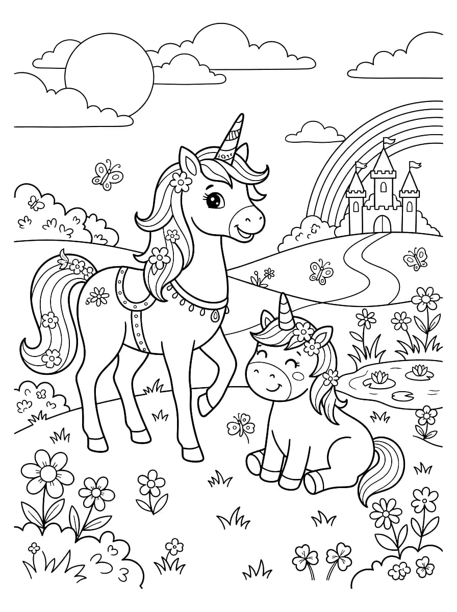 A mother unicorn and her baby stand in a field with a castle and rainbow in the background.