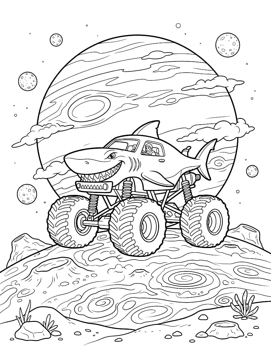 A monstrous shark-themed truck is driving on a moon-like surface with a planet and smaller moons in the background.