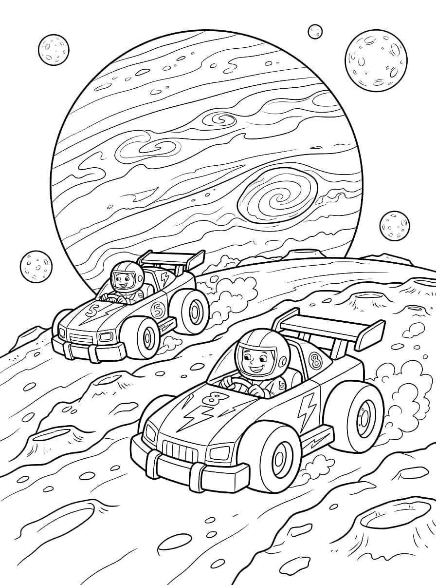 Two race car drivers are racing on a planetary surface with a large gas giant and moons in the background.
